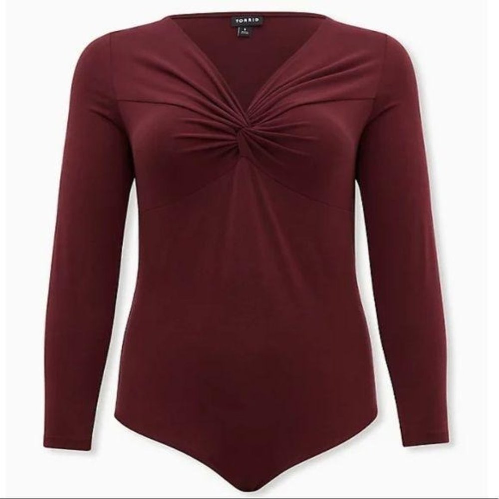 BURGUNDY PURPLE STUDIO KNIT TWIST FRONT BODYSUIT - Picture 6 of 6
